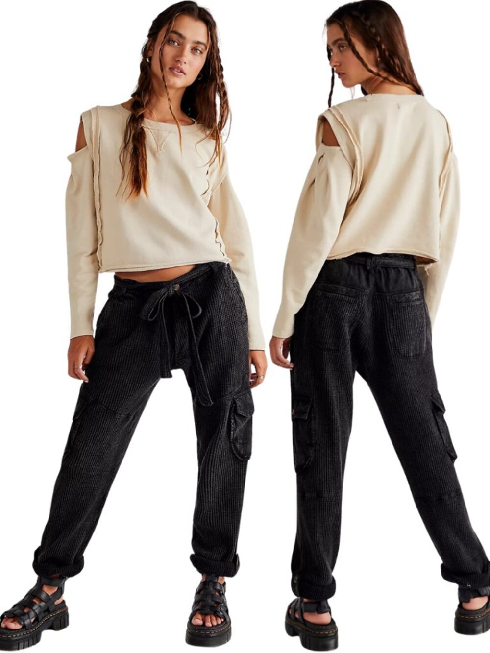 Free People FP One Frankie Cargo Waffle Knit Pant Women's XS Black Boho Festival